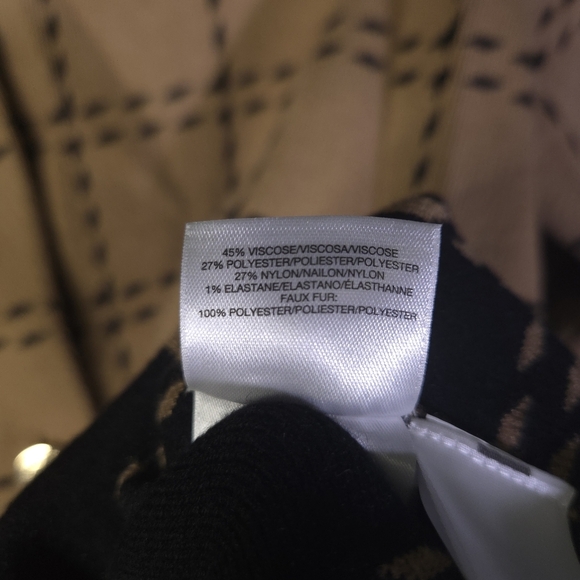 Anne Klein Faux Fur Collar Knit Button Down Duster Size Small‎ Black Tan Plaid - Picture 4 of 8